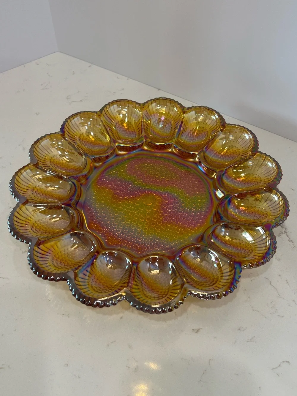 Vintage Indiana Glass Carnival Glass Deviled Egg Platter Plate Amber Hobnail 11”